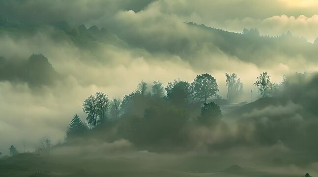 A time lapse video capturing  of Fog rolling in over a tranquil landscape, veiling trees and buildings in a mystical mist Highlight the mystical atmosphere created by foggy weather