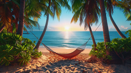 Hammock between palm trees on a tropical beach at sunrise.