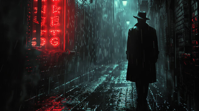 Shadowy Figure In A Rain-soaked Neon-lit Alley, Evoking Noir Aesthetic And Mystery, Perfect For Crime And Detective Themes.