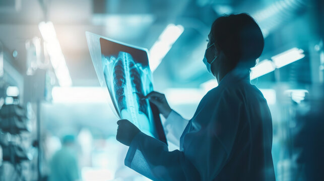 Doctor Examining Xray In Hospital Setting. Medical Professional In A Mask Analyzes An X-ray, Highlighting Healthcare Expertise And Patient Care.