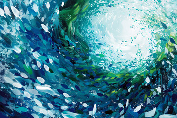 Swirling fish in blue water