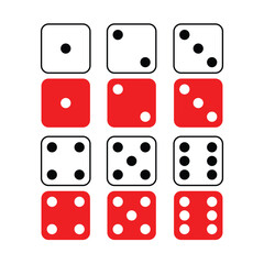 Dice graphic icons set, red and white color vector ludo dice. a large set of dice. gambling objects to play in casino