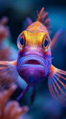 Closeup Shot of Unusual Reef Fish with Unique Anatomy in Soft Light Against Deep Blue Background