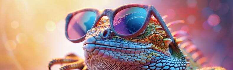 Vibrant Lizard with Colorful Sunglasses in Vray Tracing Style Featuring Mesmerizing Colorscapes of Aquamarine, Amber, Pink, and Orange