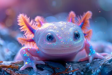 Glowing Holographic Baby Axolotl in Multichromatic Opalescence - Vibrant Close-Up Shot