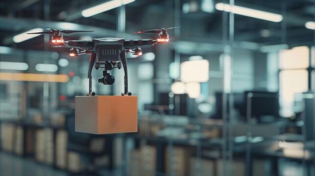 Drone delivering package in warehouse. A drone carrying a package in a warehouse, showcasing the future of logistics and delivery technology.