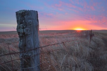 Serene Prairie Sunset: Weathered Fence Post in Golden Light with Tall Dried Grass - Rural Landscape Photography