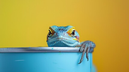 Curious Jararako Lizard Peeking Behind Paint Can, Isolated on White Background