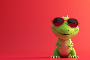 Smiling Green Crocodile Character in Sunglasses - 3D Render Summertime Studio Portrait with Minimalistic Design