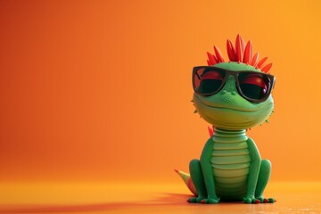 Adorable 3D Render of Smiling Crocodile Character in Summertime Sunglasses on Minimalistic Studio Set with Red Hair Against Solid Color Backdrop