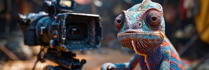 Ecstatic Chameleon Filming on Set: Joyful reptile with a camera in a film production environment.