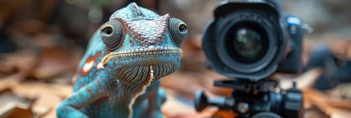 Colorful Chameleon Cameraman: A Joyful Reptile Capturing Scenes on a Film Set