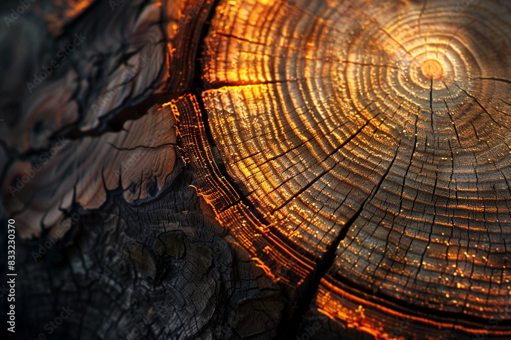 Fototapete A cross-section of a tree trunk showcasing the depth and complexity of its rings.