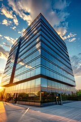 A panoramic view of an office building's exterior 