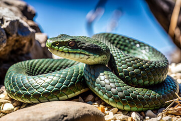 Fototapeta premium Venomous Viper. Reptile Snake Photo for 2025 Year symbol. Blurred jungle background.