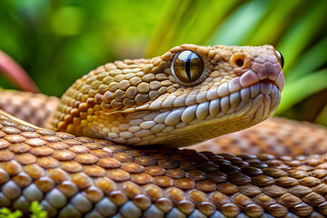 Fototapeta premium Venomous Viper. Reptile Snake Photo for 2025 Year symbol. Close-up. Blurred jungle background.