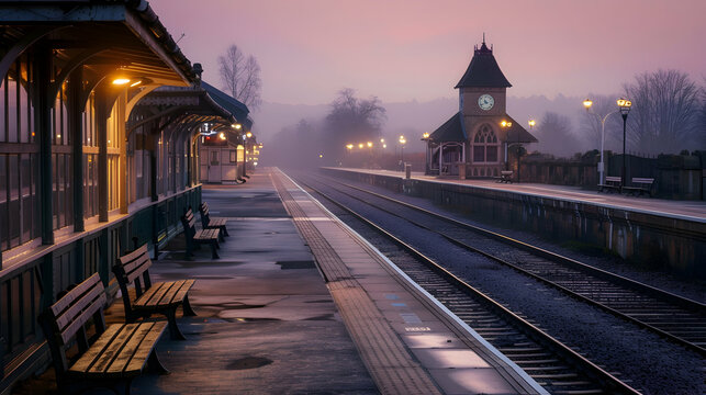 A quiet, empty train station at dusk, with old-fashioned benches and a clock tower; the tracks stretch into the distance, illuminated by the soft glow of the station lights
