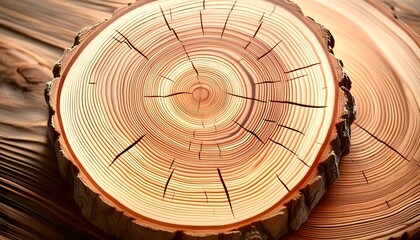 Obraz premium Close-up of a tree trunk slice with growth rings and dark cracks. Brown. Yellow. Nature. Wood. Natural.