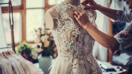 Fashion designer adjusting a dress on a mannequin in a studio