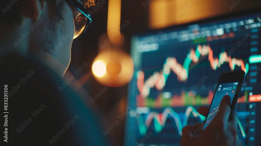 Poster an investor studying a stock market graph on a smartphone app, tracking the performance of their por