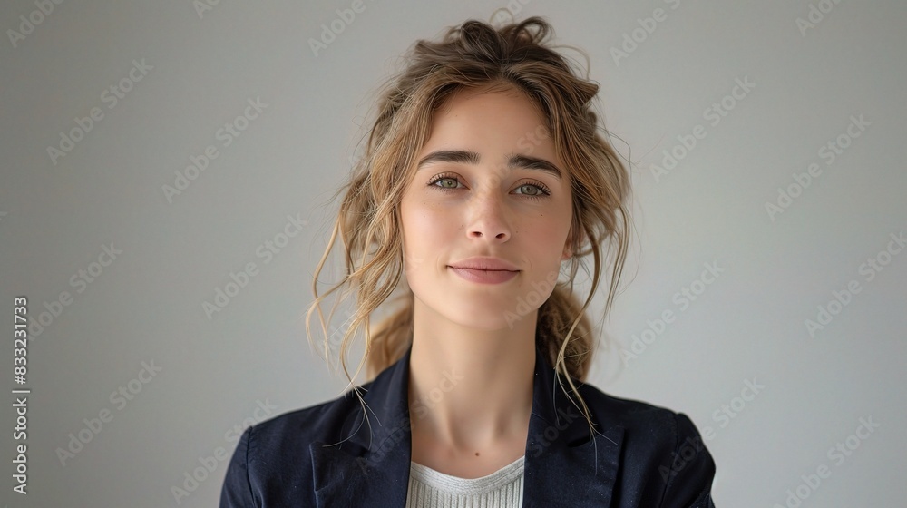 Wall mural Woman professional portrait in a navy blazer against a neutral background