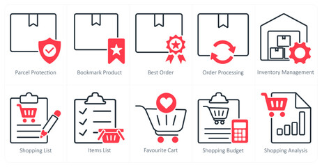 A set of 10 shopping icons as parcel protection, bookmark product, best order