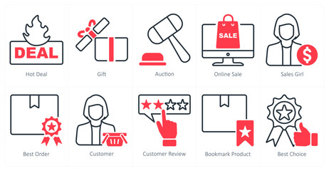 A set of 10 shopping icons as hot deal, gift, auction