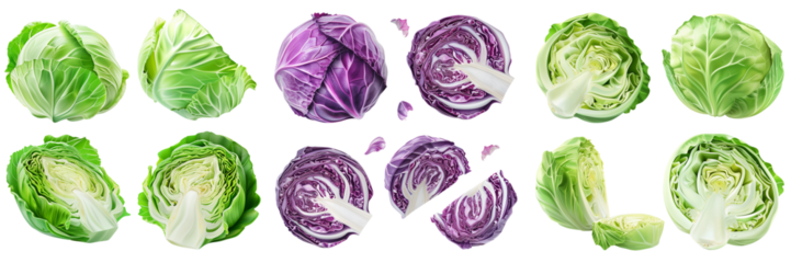 Purple and green cabbage on white background. Whole, half, slice, cut cabbage set.