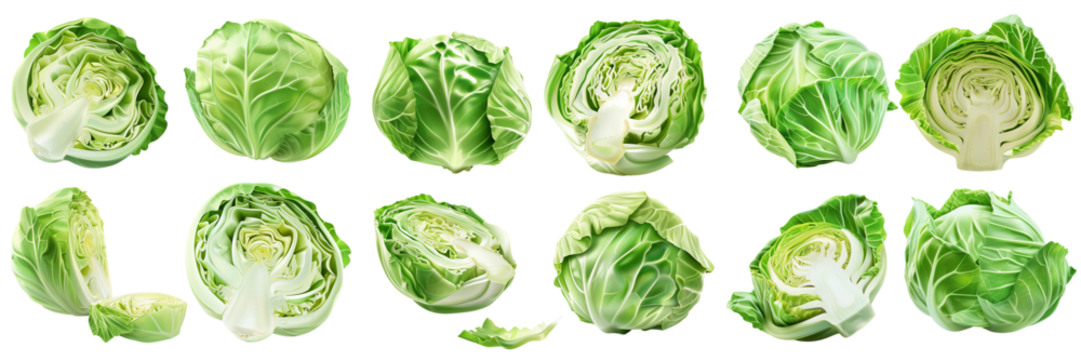 Cabbage on white background. Whole, half, slice, cut cabbage set.
