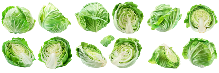 Cabbage on white background. Whole, half, slice, cabbage set.