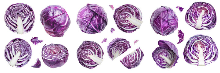 Purple cabbage on white background. Whole, half, slice, cut cabbage set.