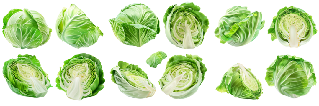 Cabbage on white background. Whole, half, slice, cabbage set.