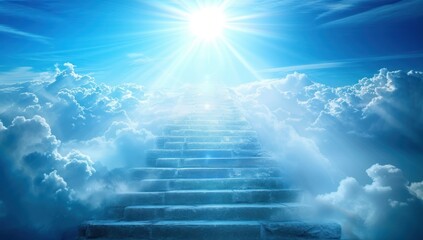 Fototapeta premium Stair Leading Up To Heavenly Sky Toward The Sun ight and cloud