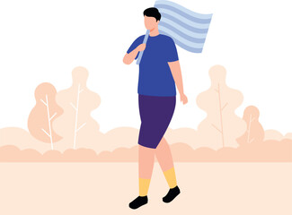 The boy is walking with the flag.