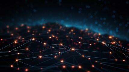 Technology Abstract background. Connecting dots and lines on dark background and red orange.