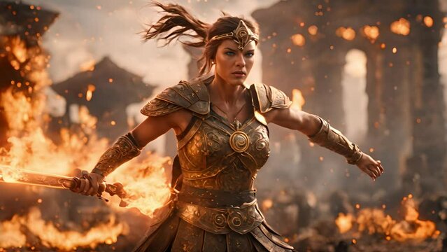 A fierce female warrior, dressed in armor, wields a sword amidst raging flames