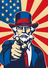 A patriotic poster design featuring Uncle Sam for Independence Day celebrations and promotional purposes.
