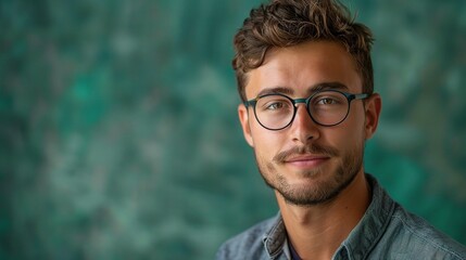 Fototapeta premium Young professional man in glasses, posed against a dynamic green background