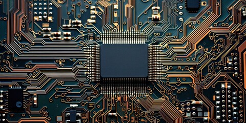 top view close up photo structure circuit board microchip semiconductor gold line