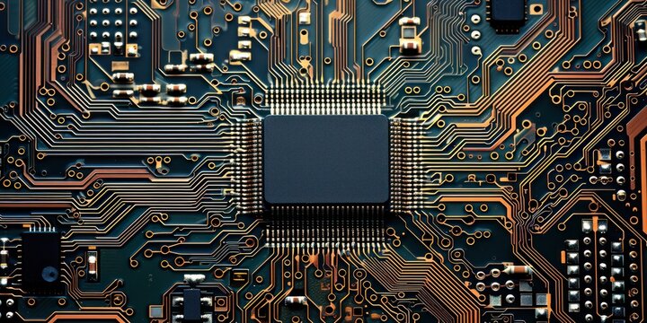 top view close up photo structure circuit board microchip semiconductor gold line