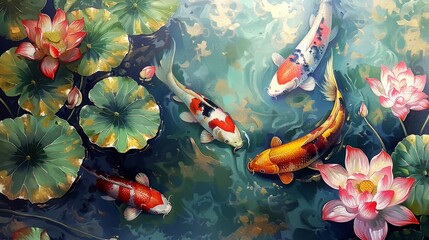 A painting of vibrant koi fish moving gracefully in a pond 