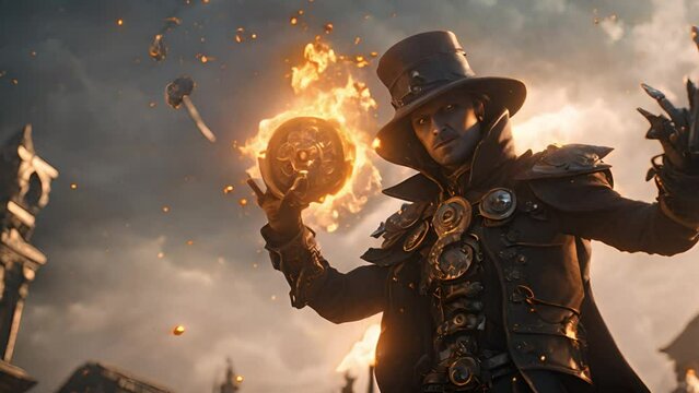 The mysterious character wears a hat and coat, his hands decorated with glowing symbols using magic