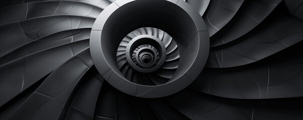 Black 3D spiral staircase with an endless loop, creating a captivating abstract background