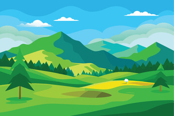 Nature Landscape of Green Golf Field Course with Hill Mountain View in Bright Day vector illustration