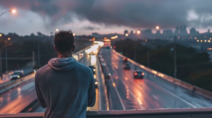 A Fatigued Person Preparing for a Challenging Path Ahead Athletic Figure on Bridge overlooking Freeway