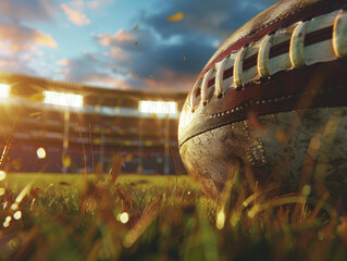close up of rugby ball with wide stadium background - ai
