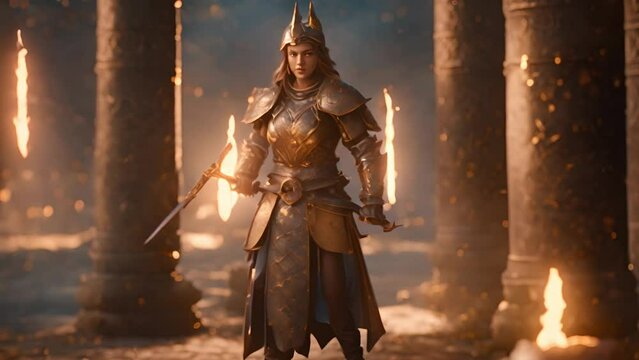A knight in armor holds a weapon between pillars