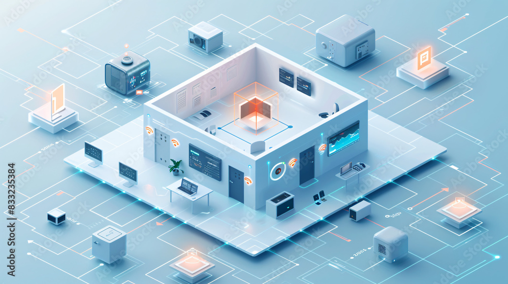 Poster an isometric illustration of a smart home office equipped with ai-augmented reality tools, showing t