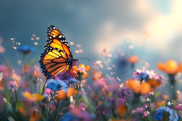 Majestic Butterfly Resting on Vibrant Wildflowers in Serene Meadow Landscape