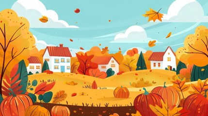 Charming autumn village scene with falling leaves, colorful trees, cozy houses, and pumpkins under a blue sky.
